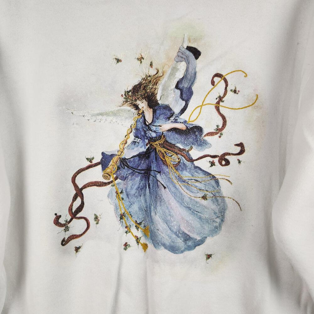 Vintage Fairy Angel Sweatshirt Mens Medium White Glitter Graphic 90s USA Faith